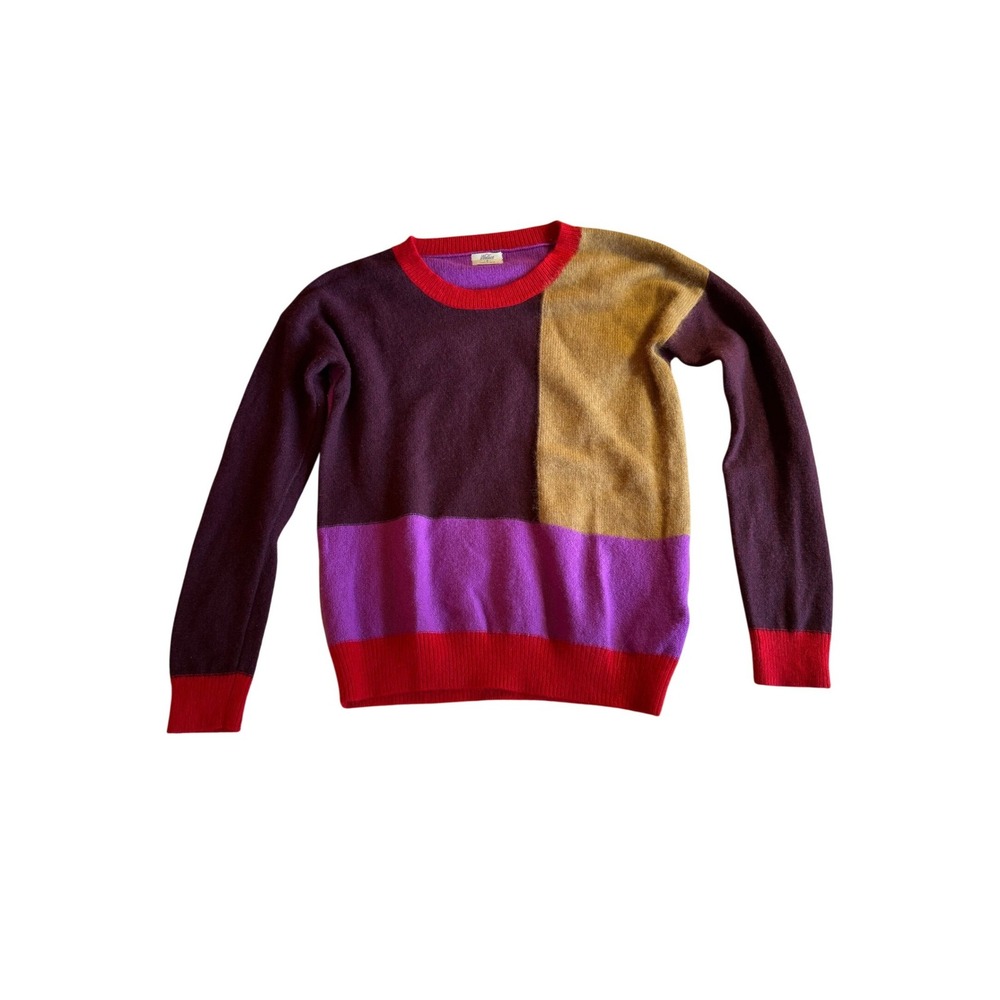 J.Crew Womens Merino Wool Blend Fuzzy Soft Colorblock Sweater Purple Red Tan S